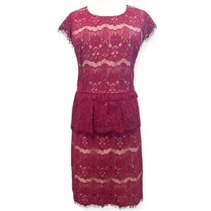 Anthropologie Maeve Elsa Red Lace Peplum Cocktail  Sheath Dress Size Large